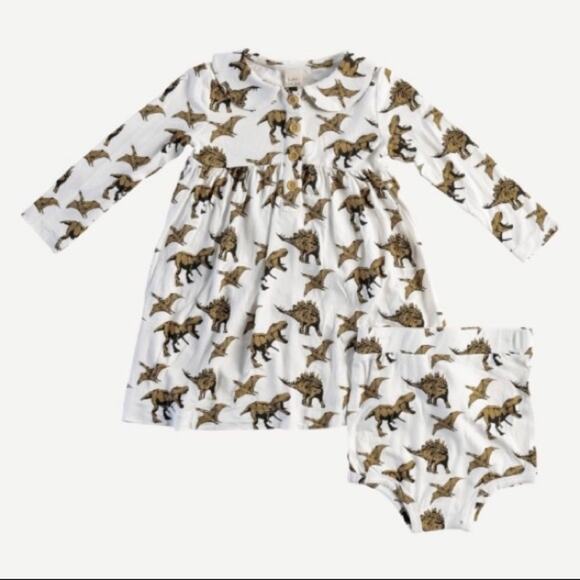 kate quinn Other - Kate Quinn NIB Gold Henley Peterpan Dinosaur Dress / Bloomer Set 3-6m